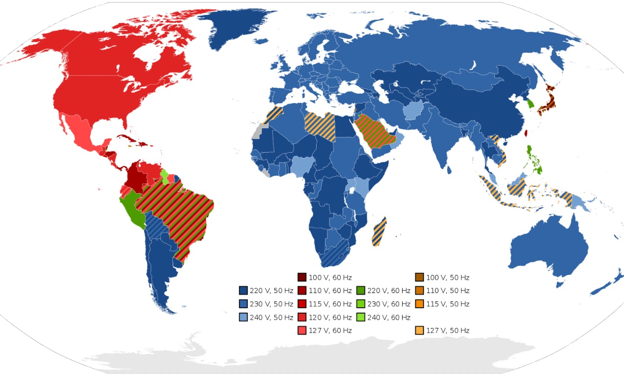 мировая карта напряжений и частот